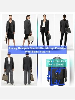 Luxury Designer Gucci Lettered Logo Pinstripe Wool Blazer Size 4-8